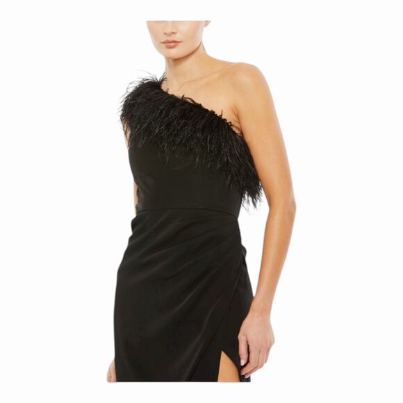 Mac Duggal 68147 One Shoulder Draped Length Dress Feather Trim Black Size 10 NWT - Picture 16 of 16